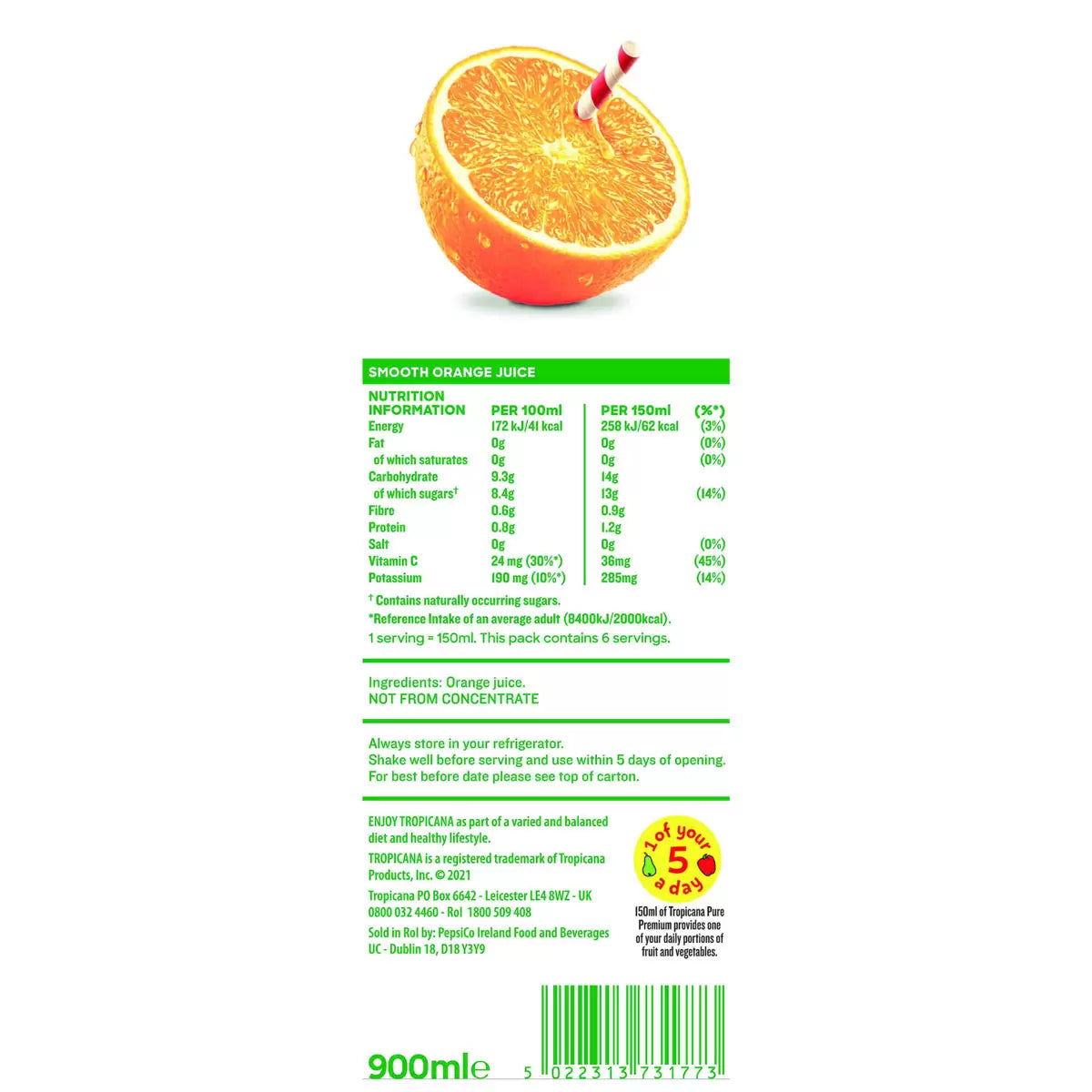 Tropicana Smooth Orange Juice, 4 x 900ml