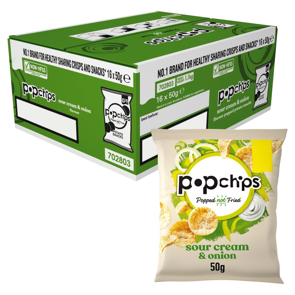 popchips Sour Cream & Onion Crisps 50g, Pack of 16