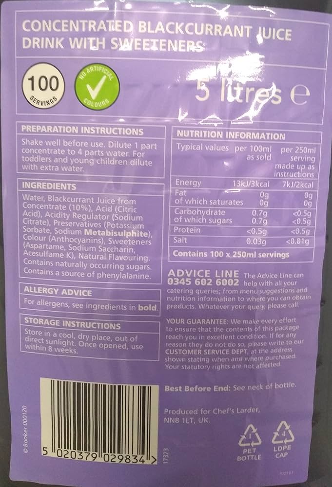 Chef's Larder Blackcurrant Squash No Added Sugar 5 Litres (Pack of 1)
