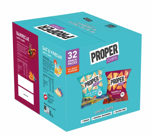 Proper Chips BBQ and Salt & Vinegar Mixed Case - 32 x 14g: Double Flavor Delight in Every Bite