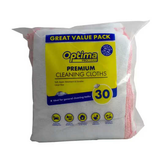 Optima Pro Clean Large White Dishcloths, 30 Pack - Durable and Absorbent Kitchen Cleaning Essentials