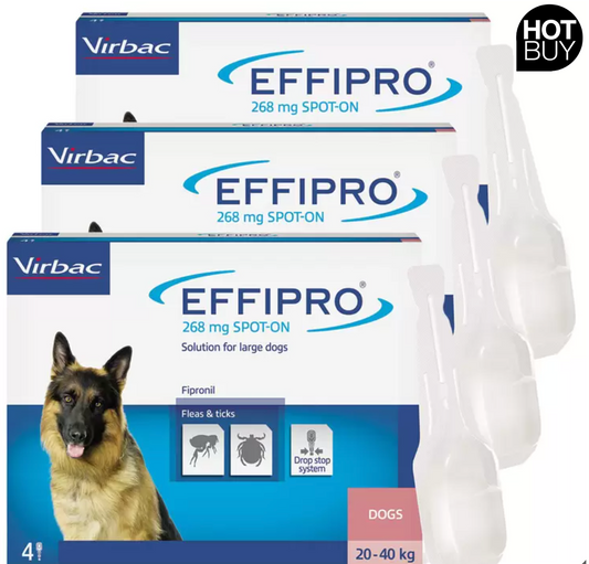 Effipro® Spot-On Flea and Tick Treatment for Large Dogs (20-40kg), 3 x 4 x 268mg: Comprehensive Defense for Your Canine Companion