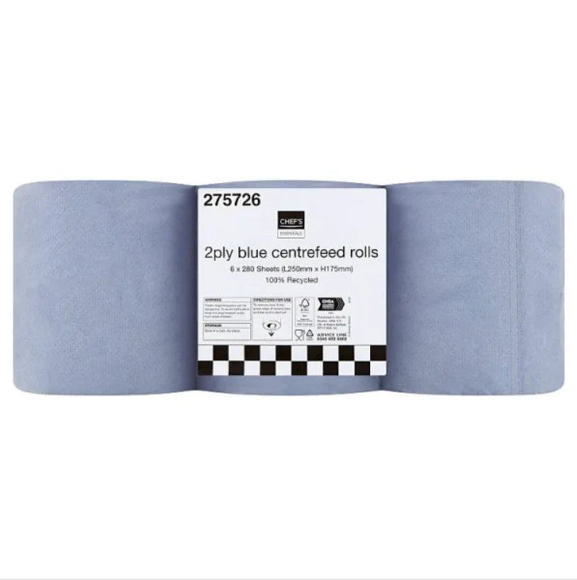 Chef's Essentials 2Ply Blue Centrefeed Rolls, 6 Rolls - Bulkbuydirect