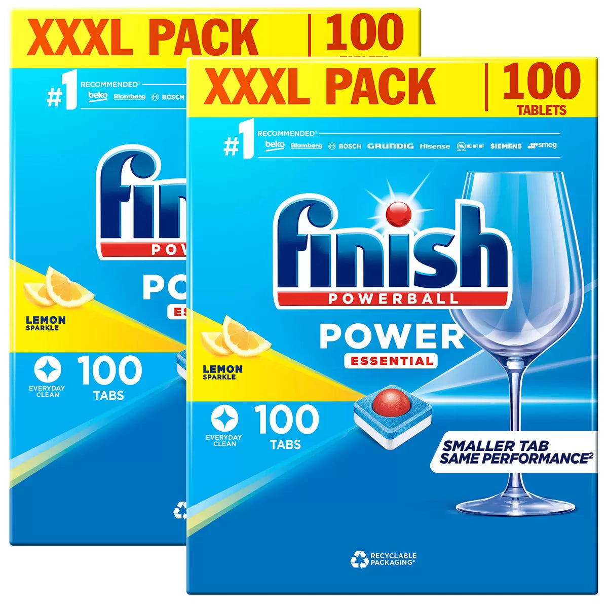 Two boxes of Finish Powerball Power Essential Lemon Sparkle dishwasher tablets, each labeled 'XXXL Pack' and containing 100 tablets. The packaging features a large wine glass, a red and blue tablet image, and the text 'Everyday Clean' and 'Smaller Tab, Same Performance.' Recommended by various appliance brands.
