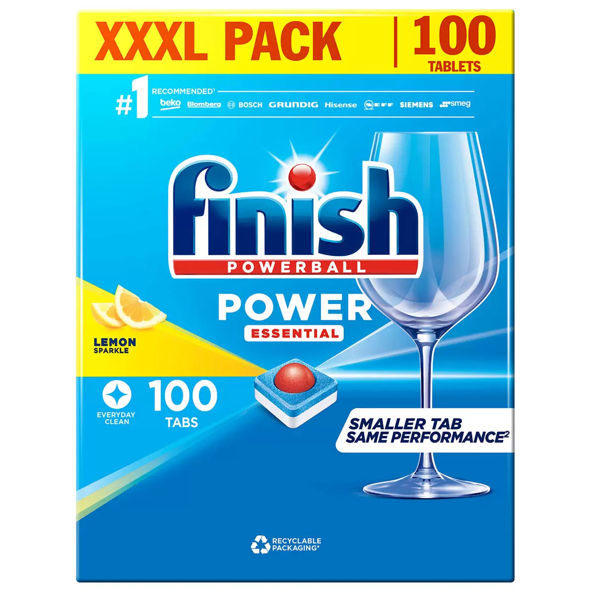 Finish Powerball Power Essential Lemon Sparkle dishwasher tablets, XXXL pack with 100 tabs. Features 'Everyday Clean', 'Smaller Tab, Same Performance', and recyclable packaging.