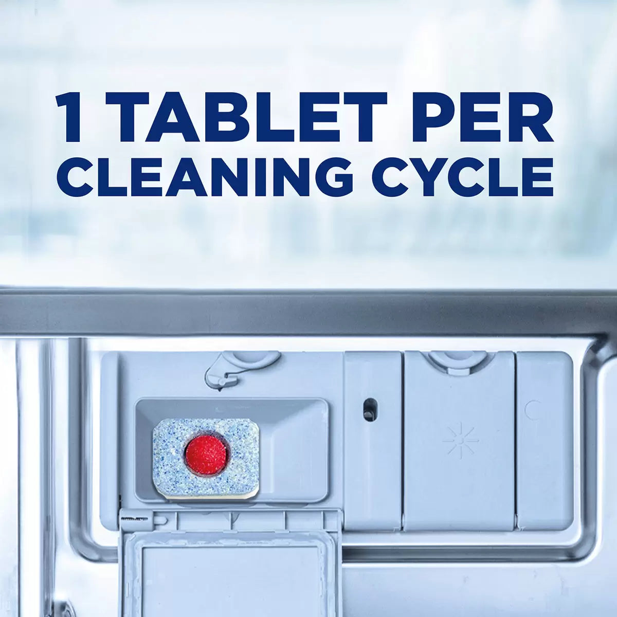 Dishwasher tablet in dispenser with text '1 Tablet Per Cleaning Cycle' above, illustrating usage instructions for Finish Powerball tablets.
