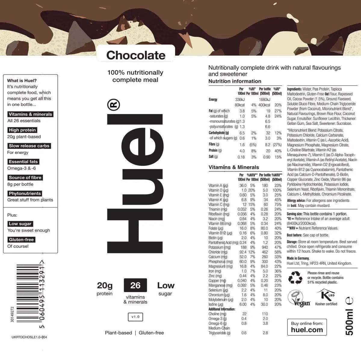 Huel Chocolate Complete Meal Shake 500ml x 8 - Bulkbuydirect