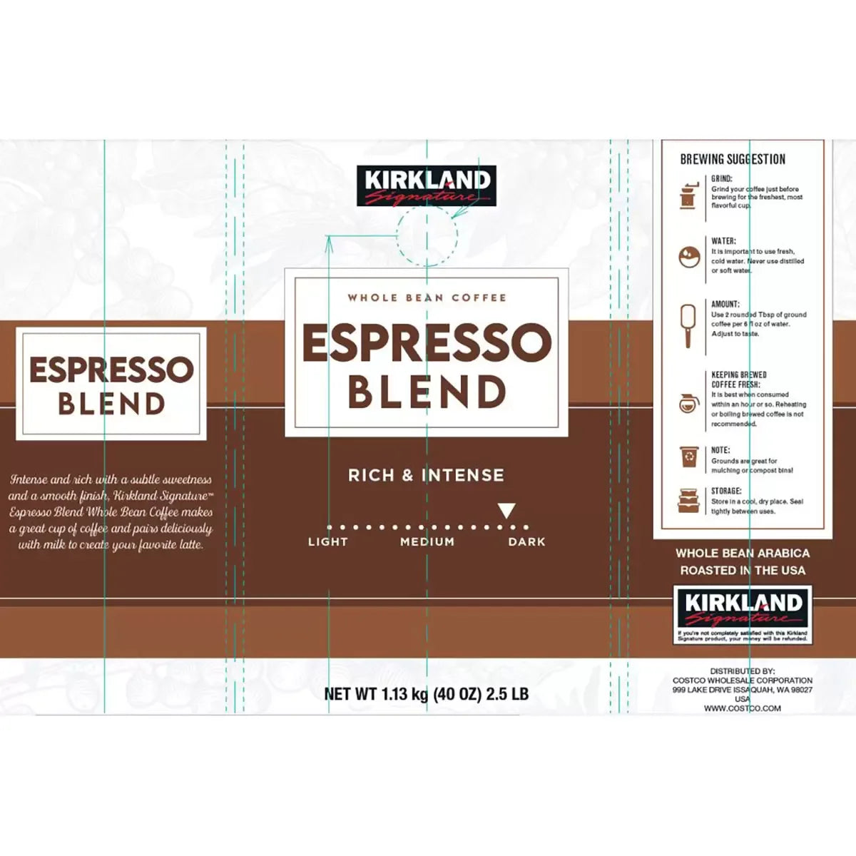 Kirkland Signature Whole Bean Coffee Espresso Blend, 1.13kg - Bulkbuydirect