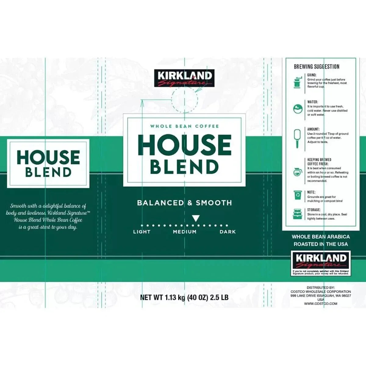 Kirkland Signature Whole Bean Coffee House Blend 1.13kg - Bulkbuydirect