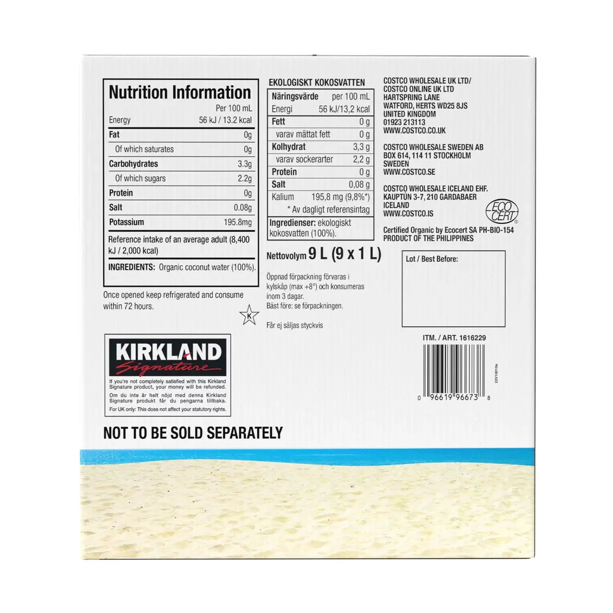 Kirkland Signature Organic Coconut Water No Added Sugar, 9 x 1L - Bulkbuydirect