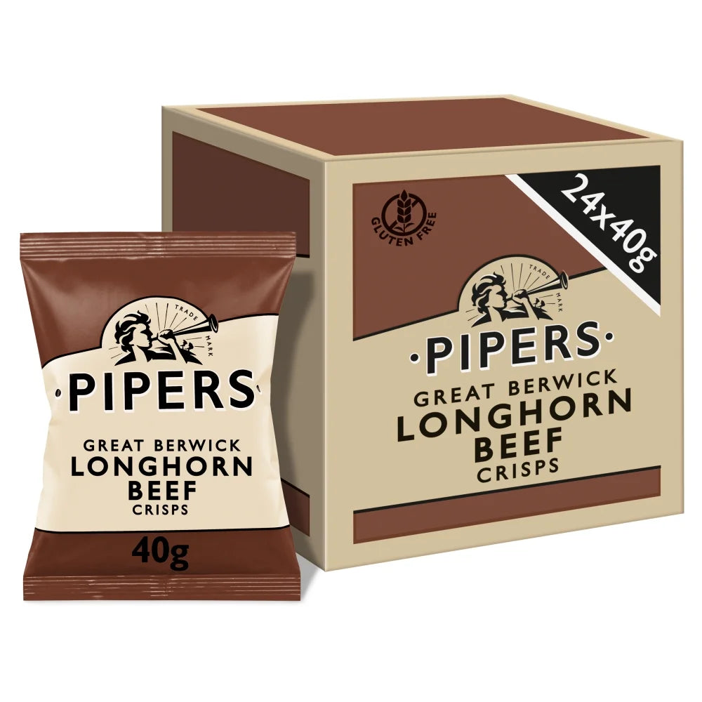 Pipers Crisps Berwick Longhorn Beef 40g, Pack of 24 - Bulkbuydirect