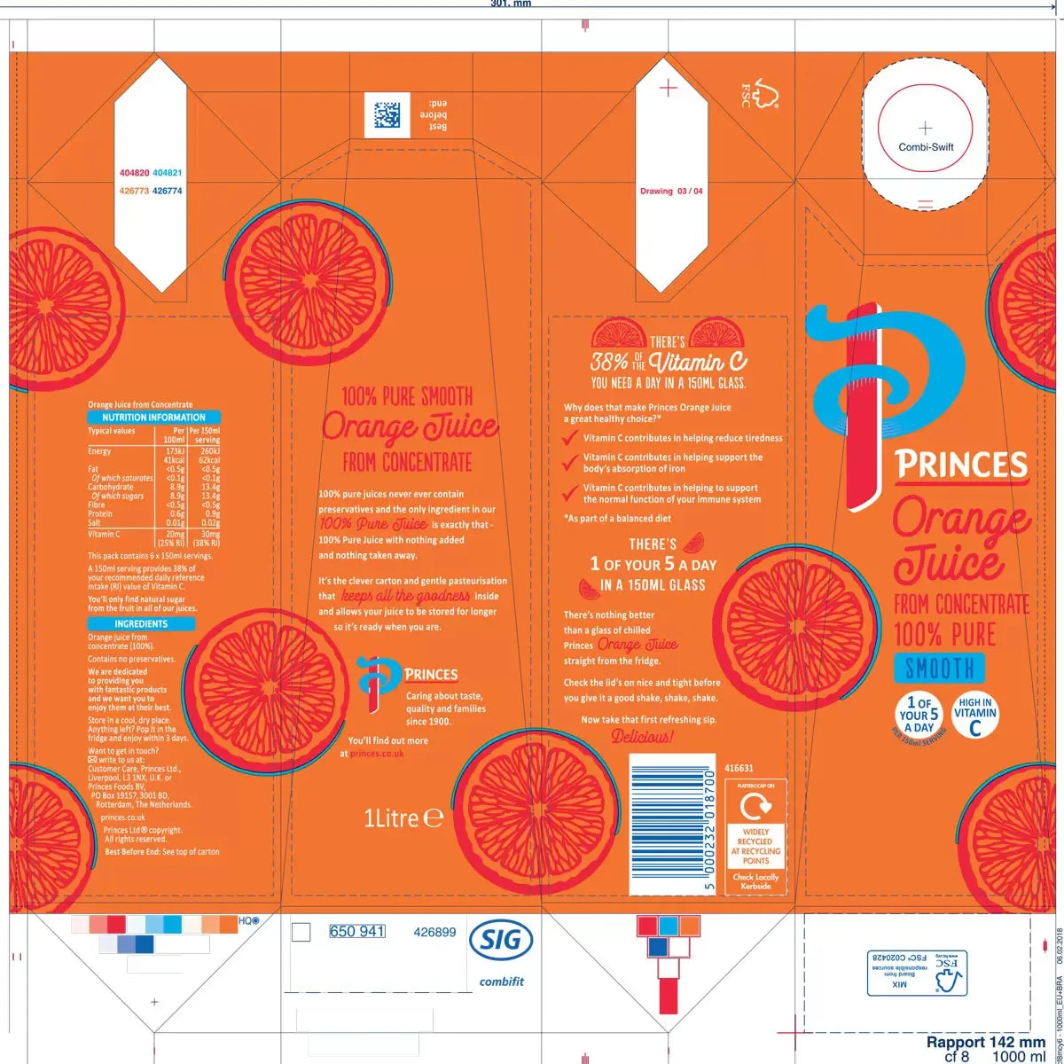 Princes 100% Pure Orange Juice Smooth, 12 x 1L - Bulkbuydirect