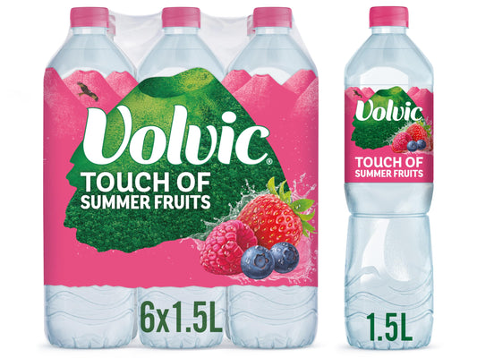Pack of six 1.5-liter bottles of Volvic Touch of Summer Fruits flavored water. The packaging features a pink label with the Volvic logo, an illustration of green mountains, and images of summer fruits including strawberries, raspberries, and blueberries. One bottle is shown separately to the right, highlighting the label and volume.