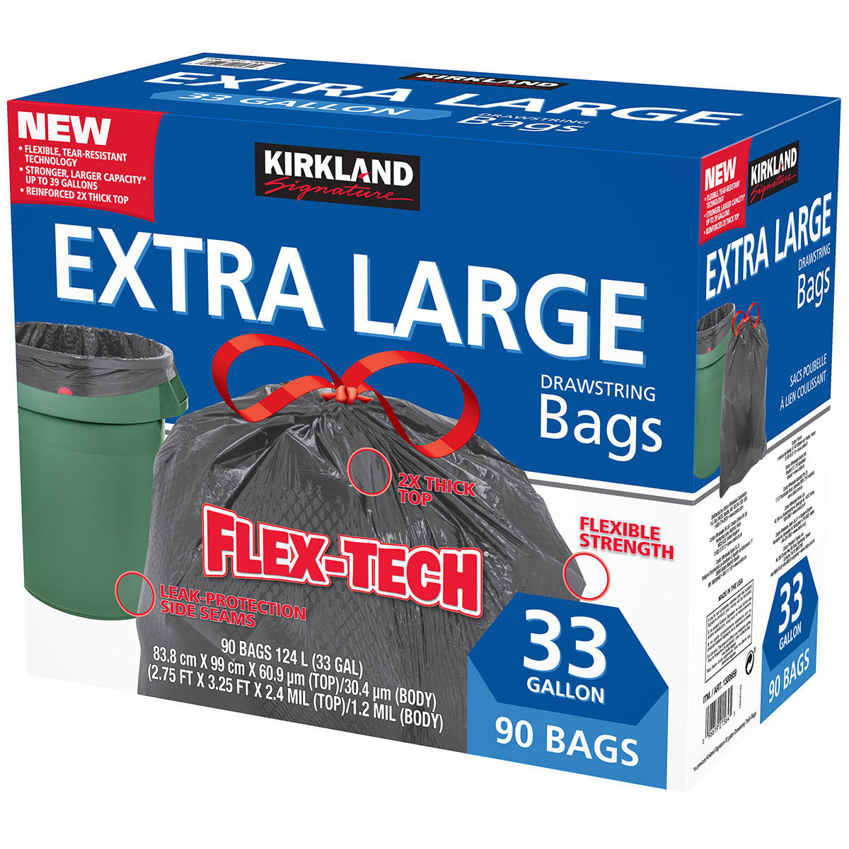 Kirkland Signature 33 Gallon Flex-Tech Bin Bags Pack of 90 - Effortless Cleanup for Every Need
