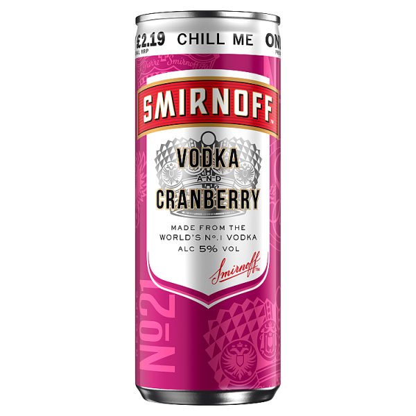 Smirnoff No.21 Vodka and Cranberry 5% vol Ready to Drink Premix 250ml Can (Pack of 12)