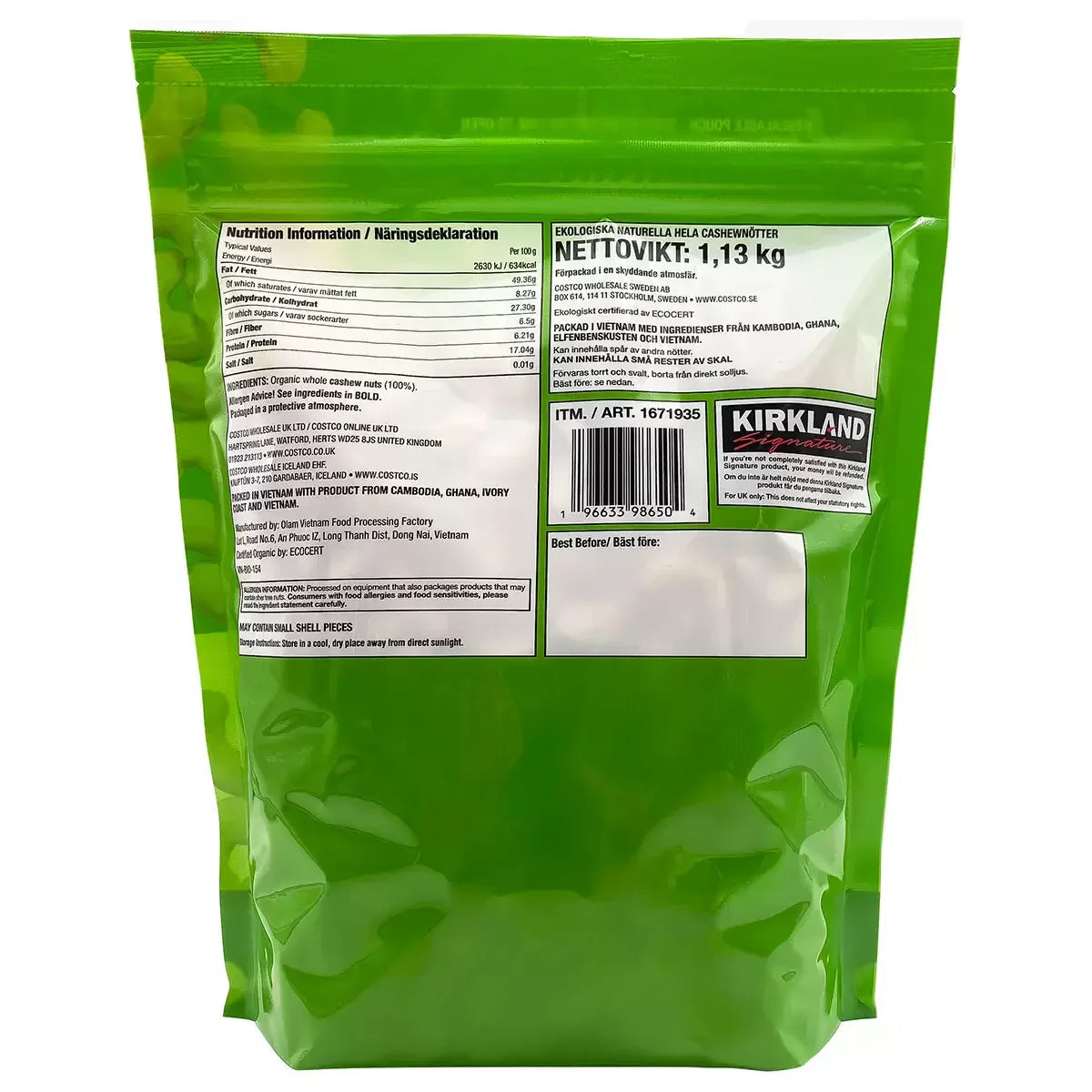 Kirkland Signature Organic Cashews Bag, 1.13kg (Pack of 1) - Bulkbuydirect