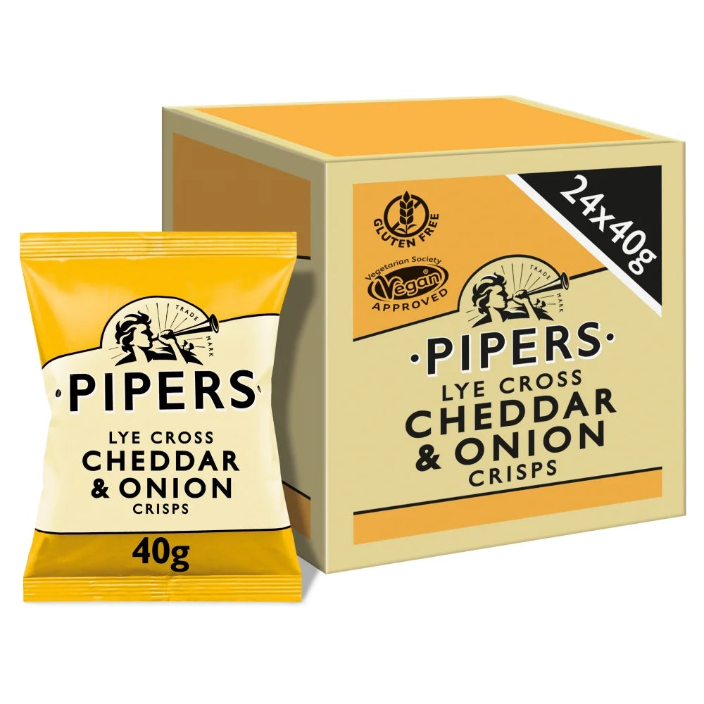 Pipers Crisps Lye Cross Cheddar & Onion 40g, Pack of 24