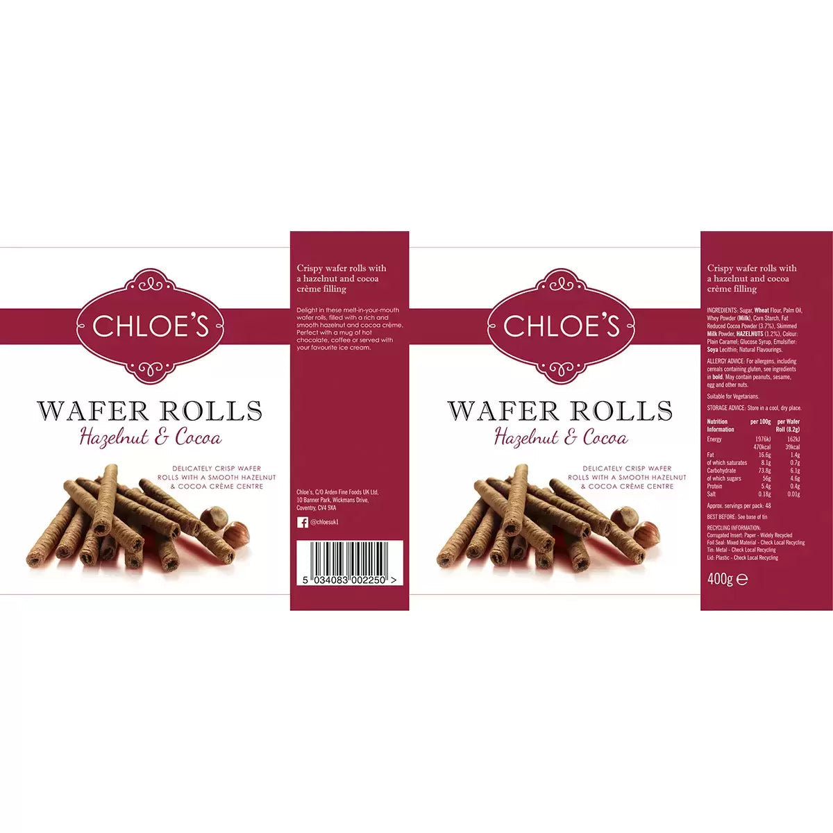 Chloe's Hazelnut & Cocoa Wafer Rolls, 2 x 400g - Bulkbuydirect