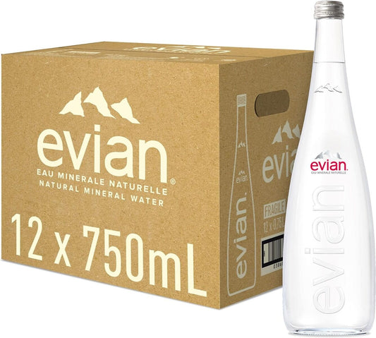 evian Still Natural Mineral Water Glass Bottle 750ml (12 Pack) - Bulkbuydirect