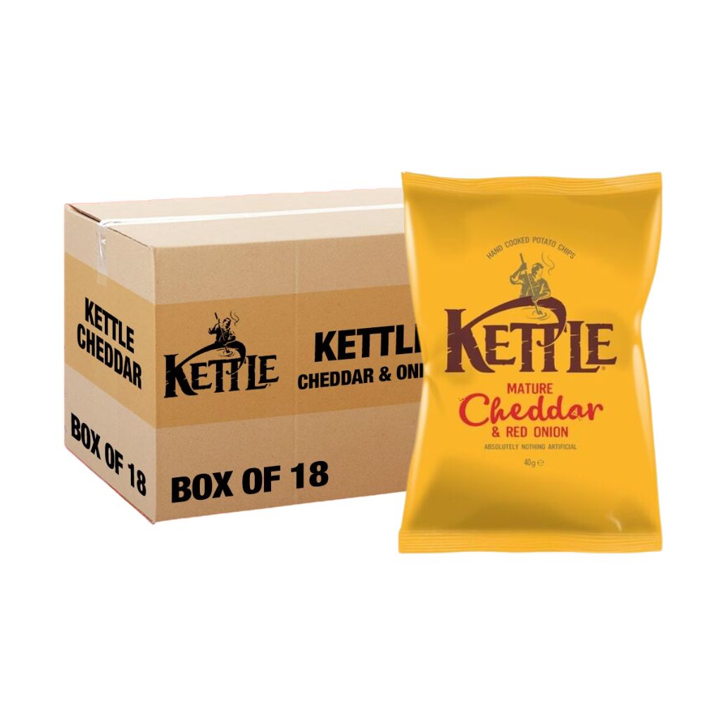 KETTLE® Chips Mature Cheddar & Red Onion Crisps 40g, Pack of 18 - Bulkbuydirect