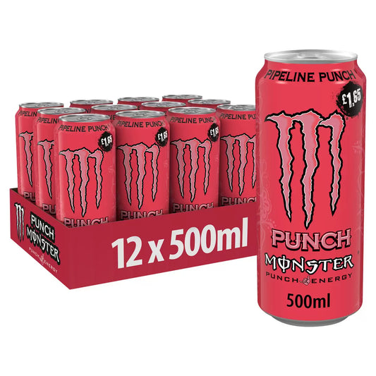 Pack of 12 cans of Monster Energy Pipeline Punch, each can 500ml, priced at £1.65 per can. The cans are red with the Monster claw logo and 'PIPELINE PUNCH' text on the top.