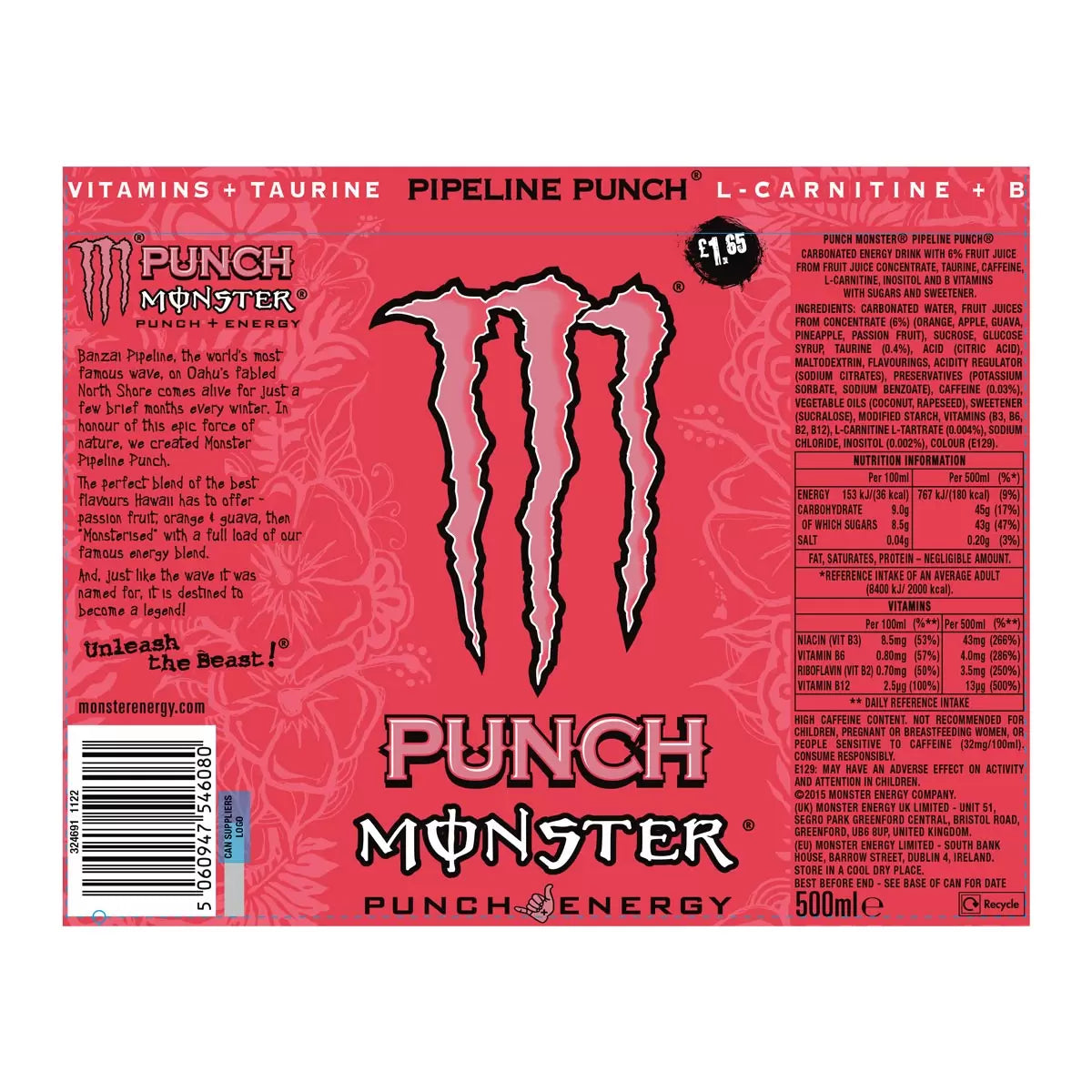 Label of Monster Energy Pipeline Punch 500ml can in red with Monster claw logo. Describes the drink’s Hawaiian inspiration and lists ingredients including fruit juices, caffeine, taurine, and B vitamins. Nutrition info shows 160mg caffeine per can. Includes caffeine warnings and storage instructions.