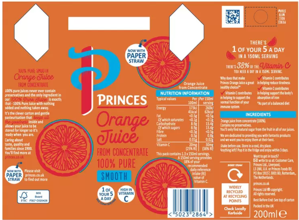 Princes Orange Juice - 27 x 200ml - Bulkbuydirect