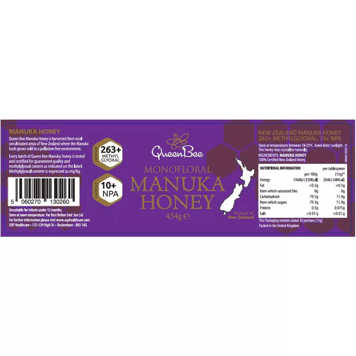 Queen Bee Manuka Honey MGO 263+, 454g - Bulkbuydirect