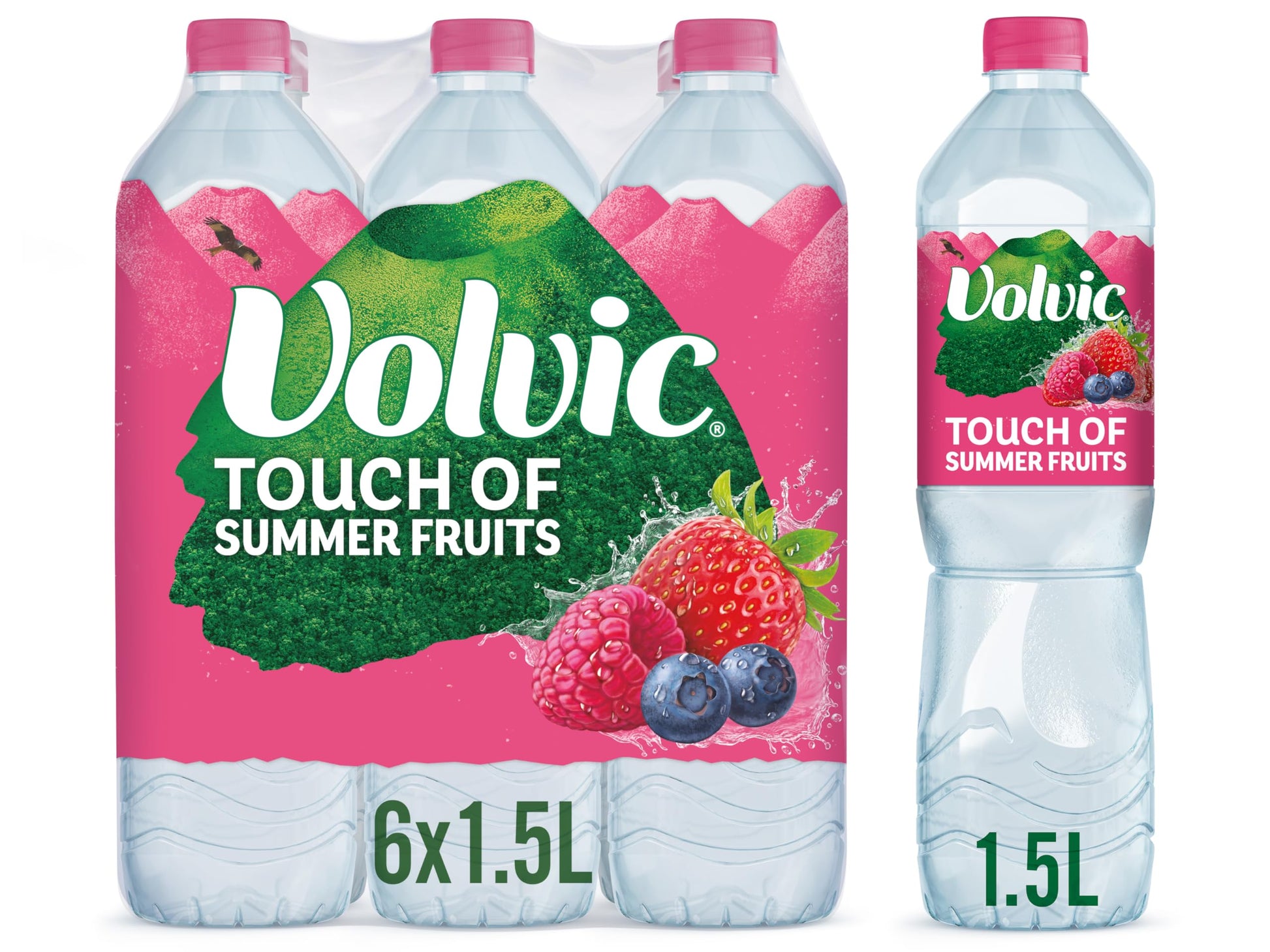 Pack of six 1.5-liter bottles of Volvic Touch of Summer Fruits flavored water. The packaging features a pink label with the Volvic logo, an illustration of green mountains, and images of summer fruits including strawberries, raspberries, and blueberries. One bottle is shown separately to the right, highlighting the label and volume.