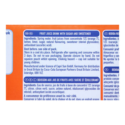 Back label of a Capri-Sun Orange Juice Drink pack showing ingredients and storage instructions in English, French, Spanish, and Portuguese. The English section lists spring water, fruit juices from concentrate (12% total: orange 7%, lemon, lime), sugar, natural flavouring, sweetener (steviol glycosides), and antioxidant (ascorbic acid). It also includes warnings about choking hazards and storage advice.