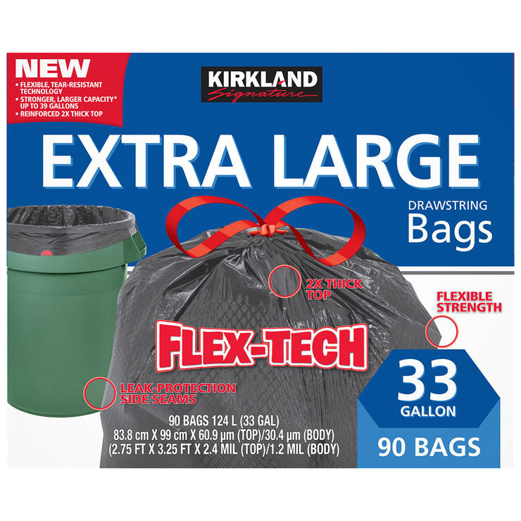Kirkland Signature 33 Gallon Flex-Tech Bin Bags Pack of 90 - Bulkbuydirect